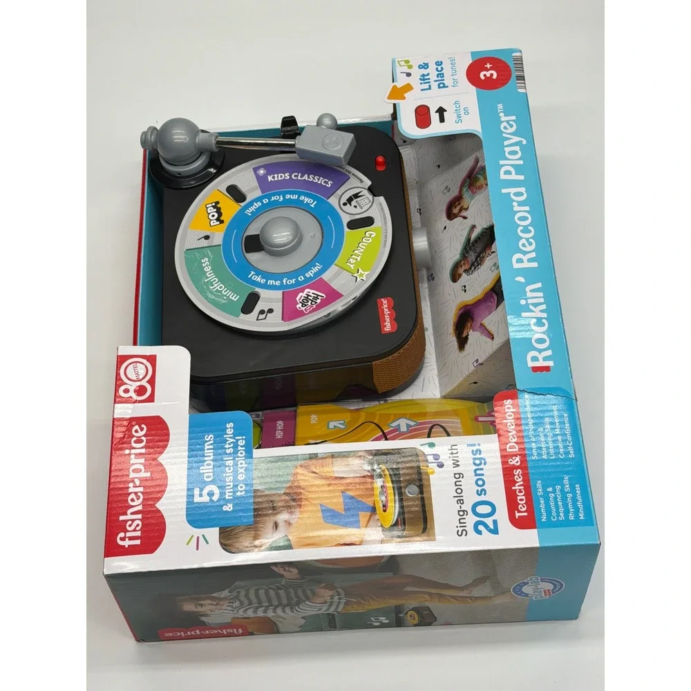 Fisher-Price Rockin Record Player‎ HXX58 Kids Musical Toy with 5 Albums 20 Songs
